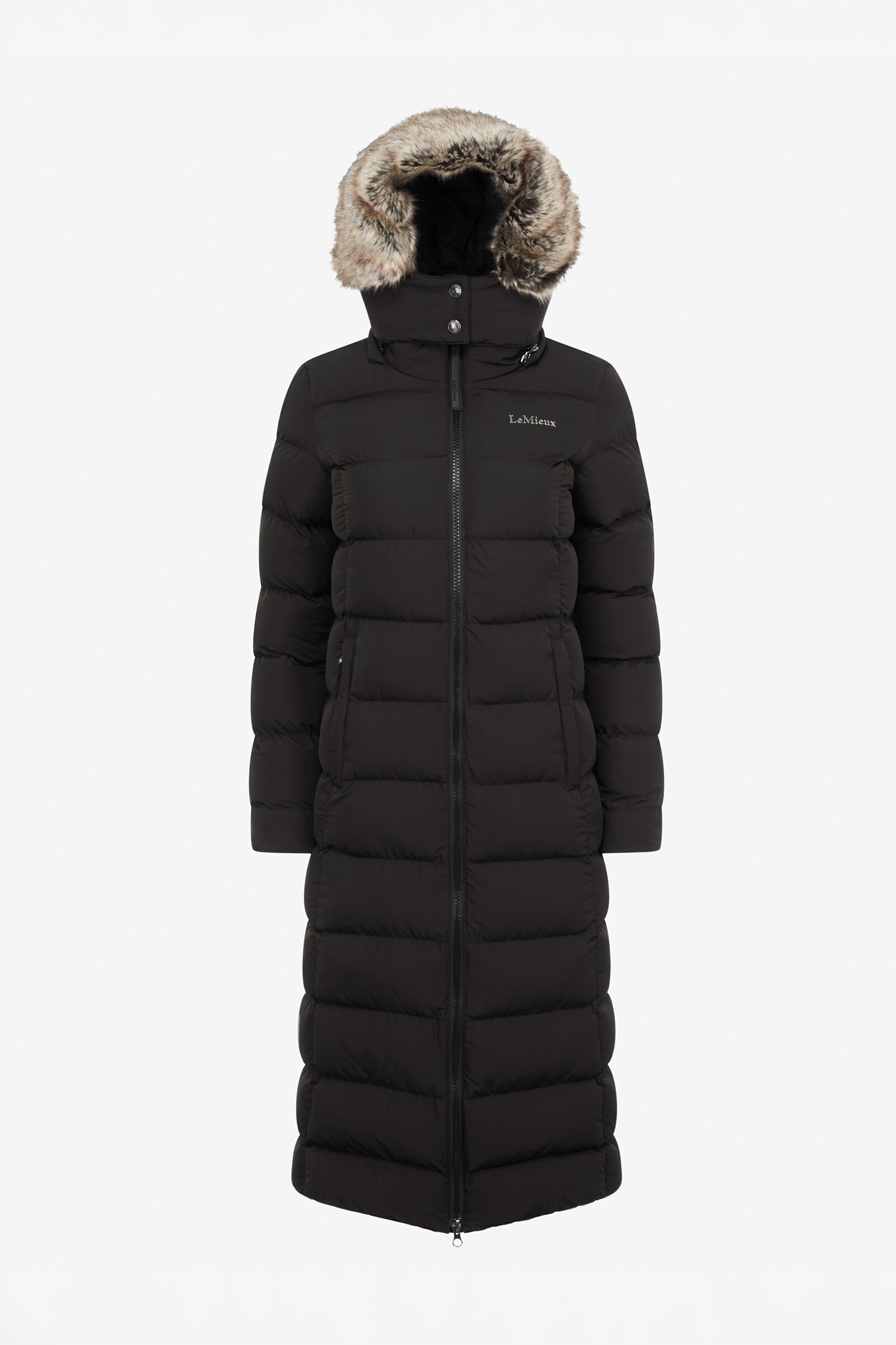 Womens longline padded store jacket with fur hood