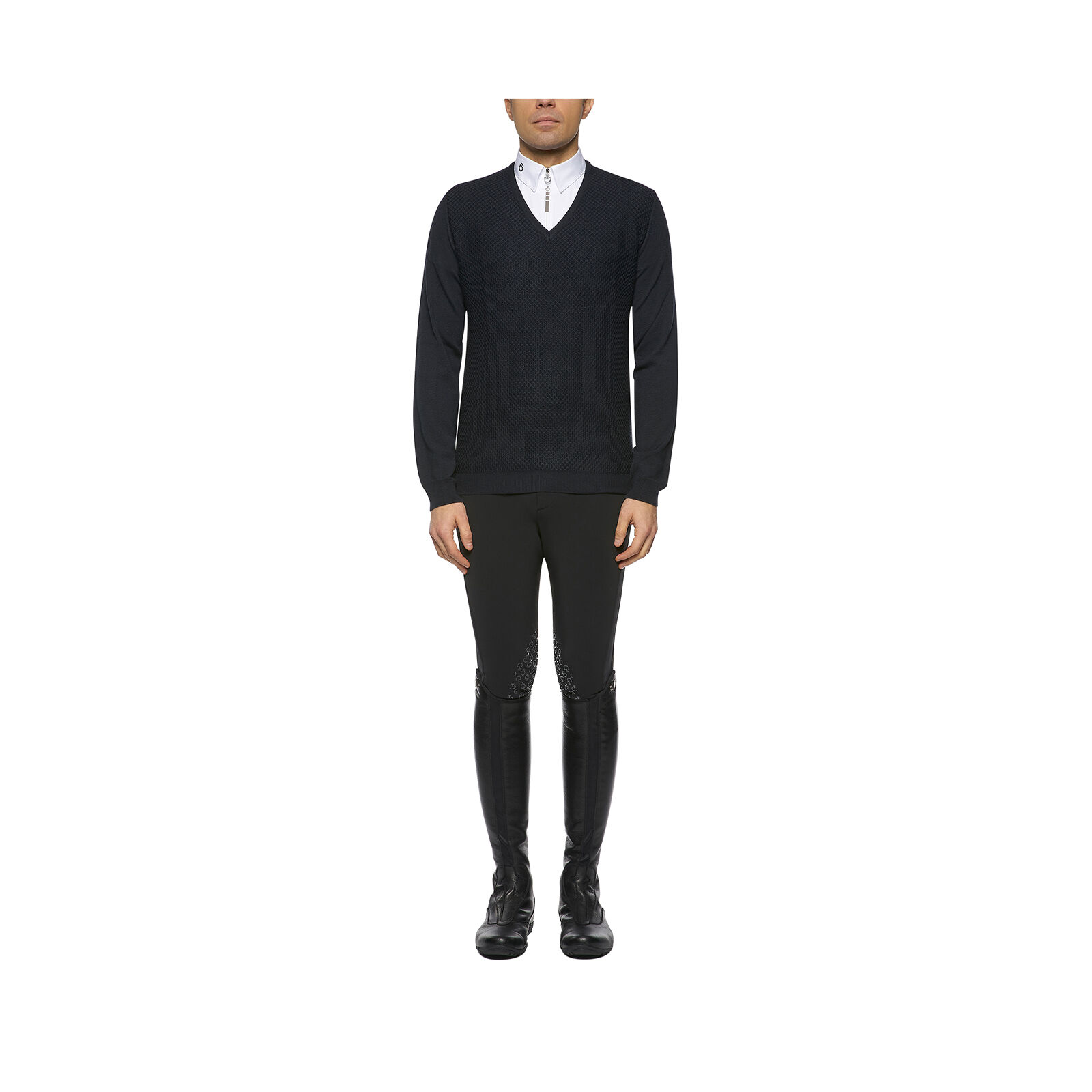 Cavalleria Toscana Men's Wool Knit Honeycomb V-Neck Sweater, DB/AB, XXL
