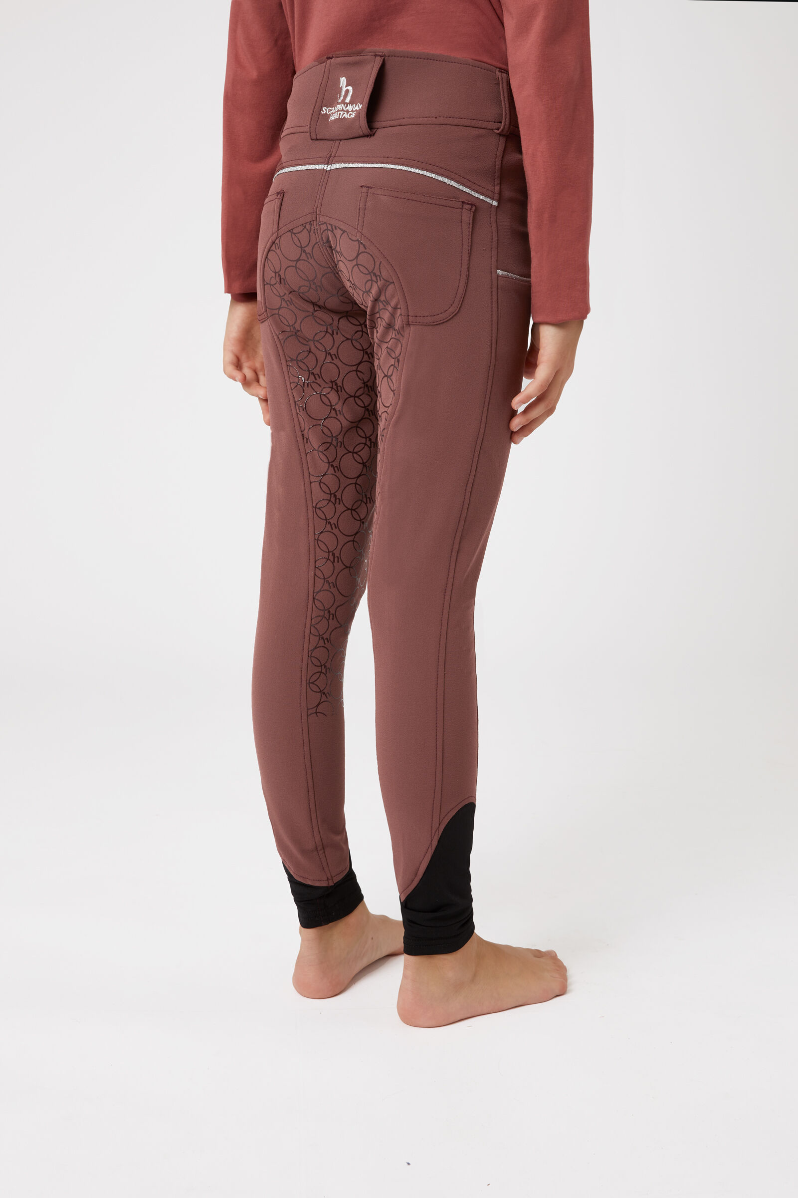 Horze Leighton Teens Silicone Full Grip Breeches with Phone Pocket, Rum Raisin Brown, 160