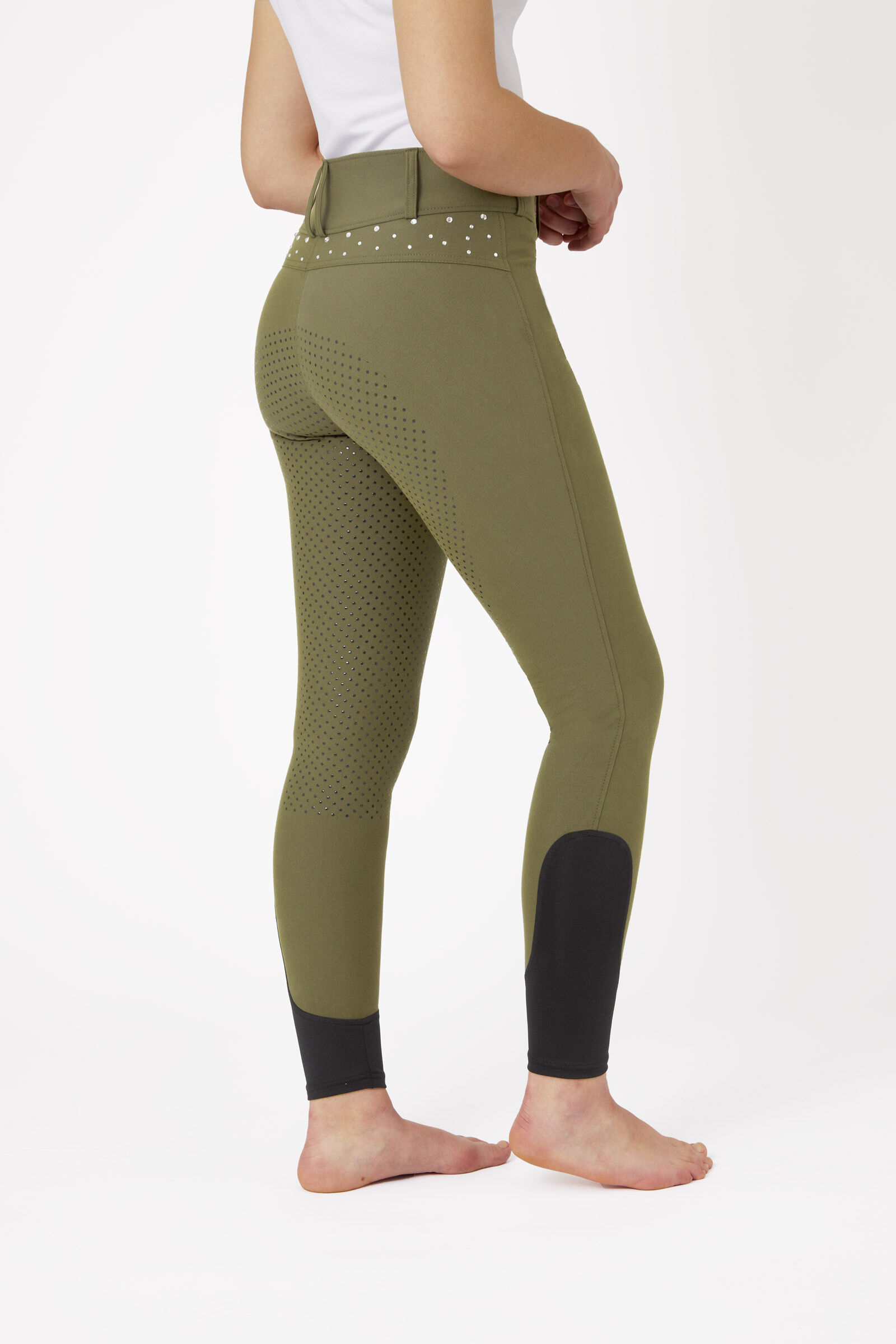 Horze Women's High Waist Full Grip Breeches with Crystals, Winter Moss Green, 36