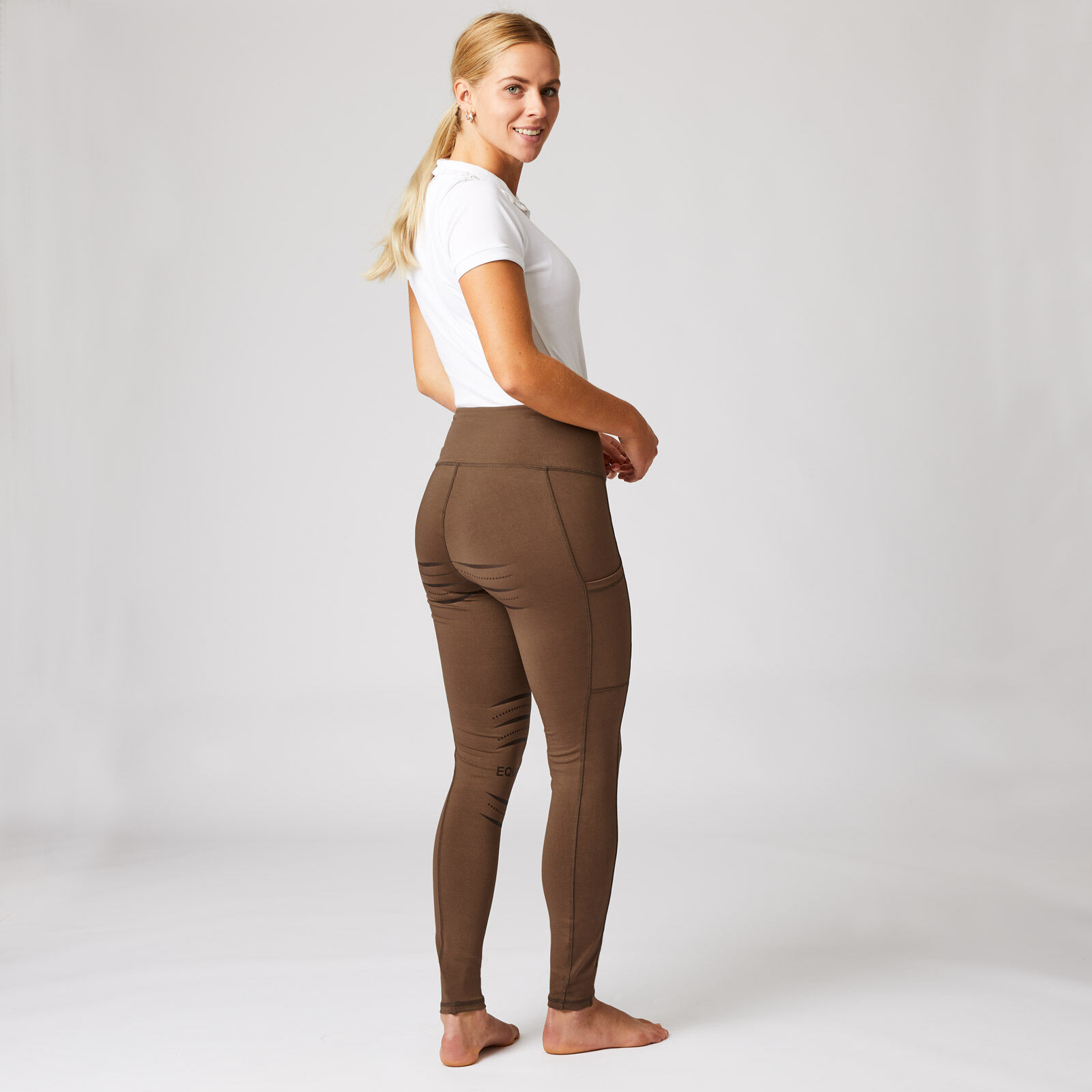 Horze Leggings d'équitation fond intégral silicone avec poche téléphone, femme, Bison Dark Brown, 40